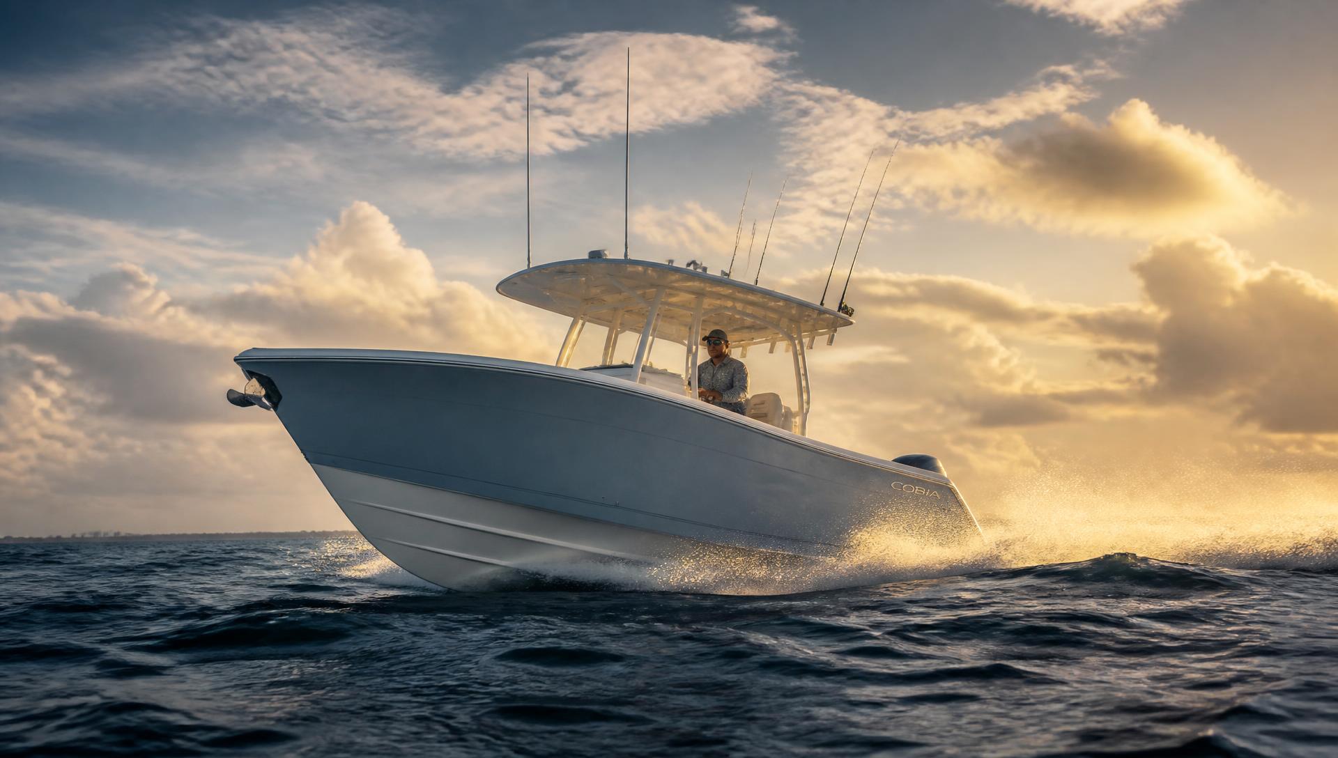 Center-console boat running through open water at sunset